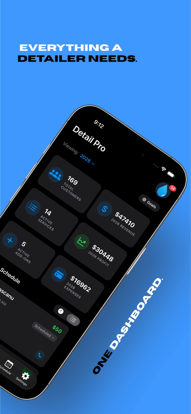 Everything a detailer needs: one dashboard with customers, revenue, profit and expenses